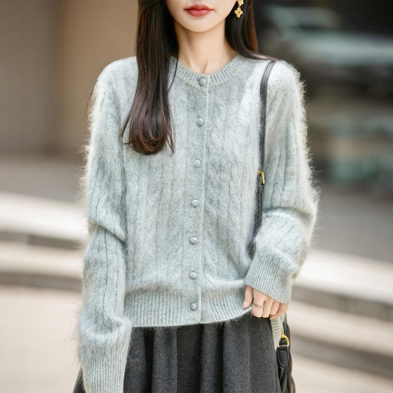 Pink Taro Cable Knit Wool-Blend Cardigan: 2023 Autumn/Winter Women's Long Sleeve Round Neck Sweater