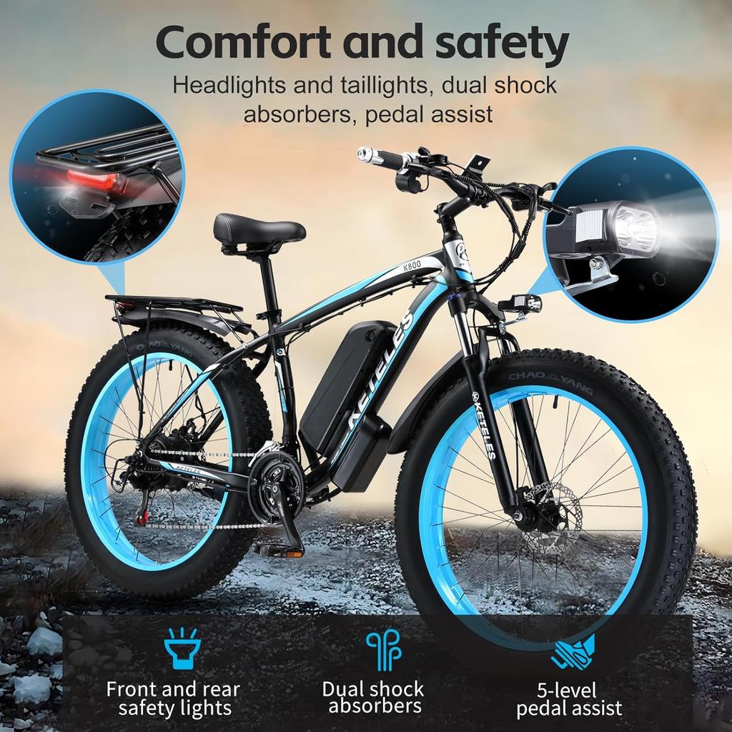 Electric Bike All Terrain Keteles 26" 1000Wx2 Motor Adult Fat Tire Electric Bicycle 21 Speed Top Speed 50Km/h Load 150Kg Green K800