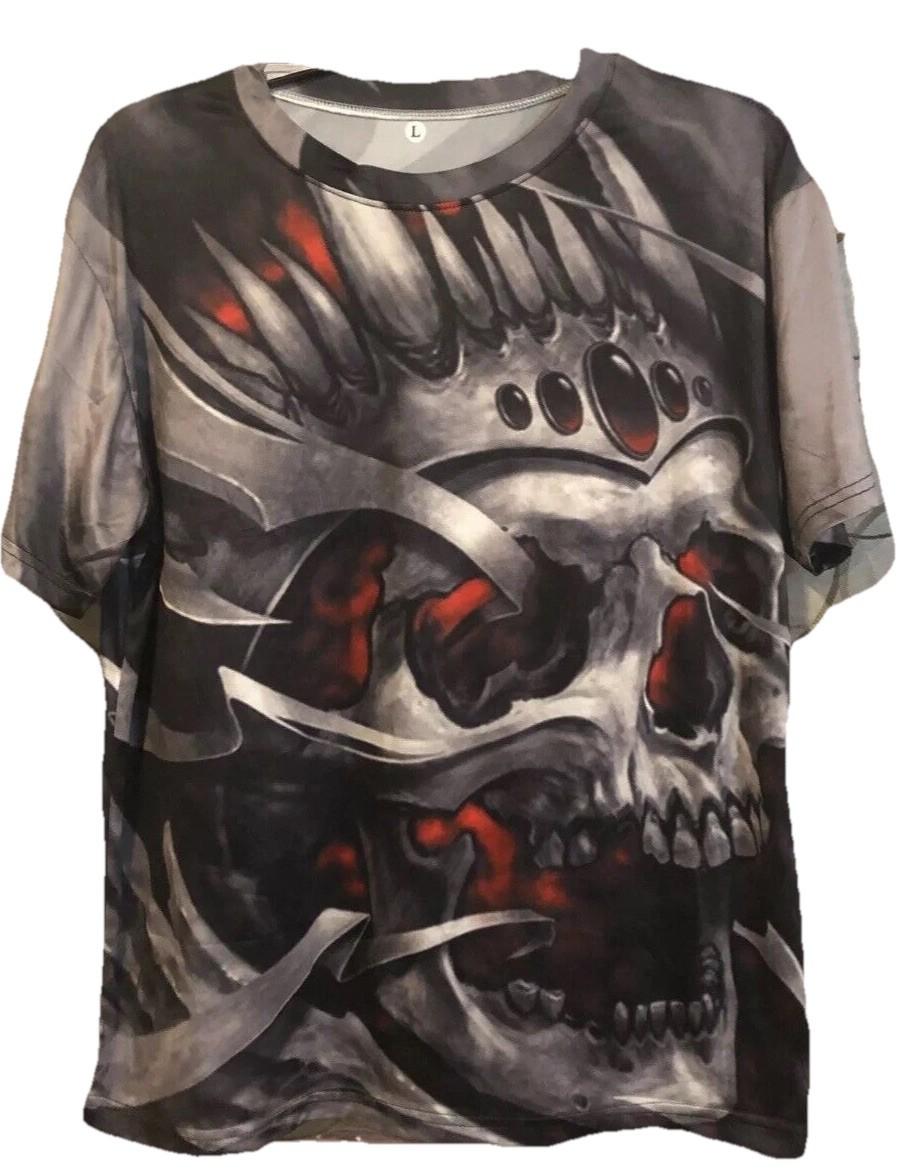 Gothic Crown Skull T Shirt Mens Large All Over Print AOP Biker Edgy Graphic Tee Unisex T-Shirt S