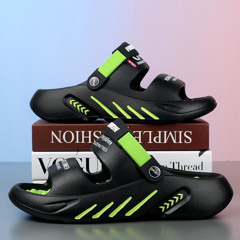 

Летние мужские массажные тапочки, уличные сандалии, пляжные удобные мягкие шлепанцы, повседневная обувь для дома 47-48 чёрный/зелёный