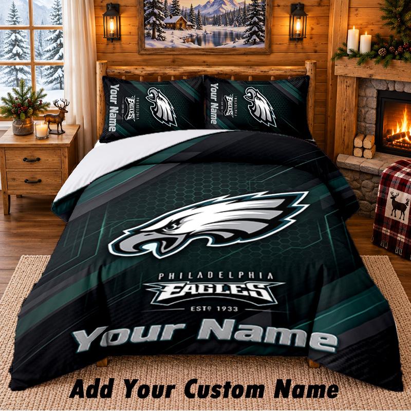Philadelphia Eagles Pattern Bedding 3Pcs Set Custom Name, Bed Sheet And Pillowcases For Home Bedroom