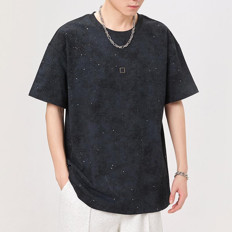 Design American Tie-dye Flash Drill Piece High-string High-density Knit Loose Men's T-shirt Short Sleeves