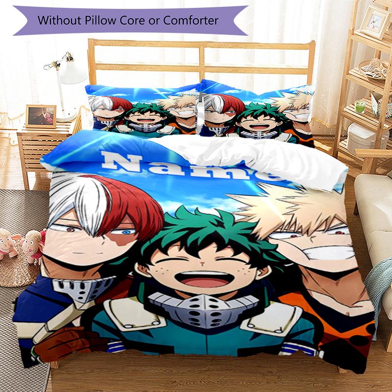 3pcs Custom Name My Hero Academia Bedding Set Duvet Cover Closure Includes 1 Duvet Cover & 2 Pillowcases, Soft and Comfortable for All Seasons.
