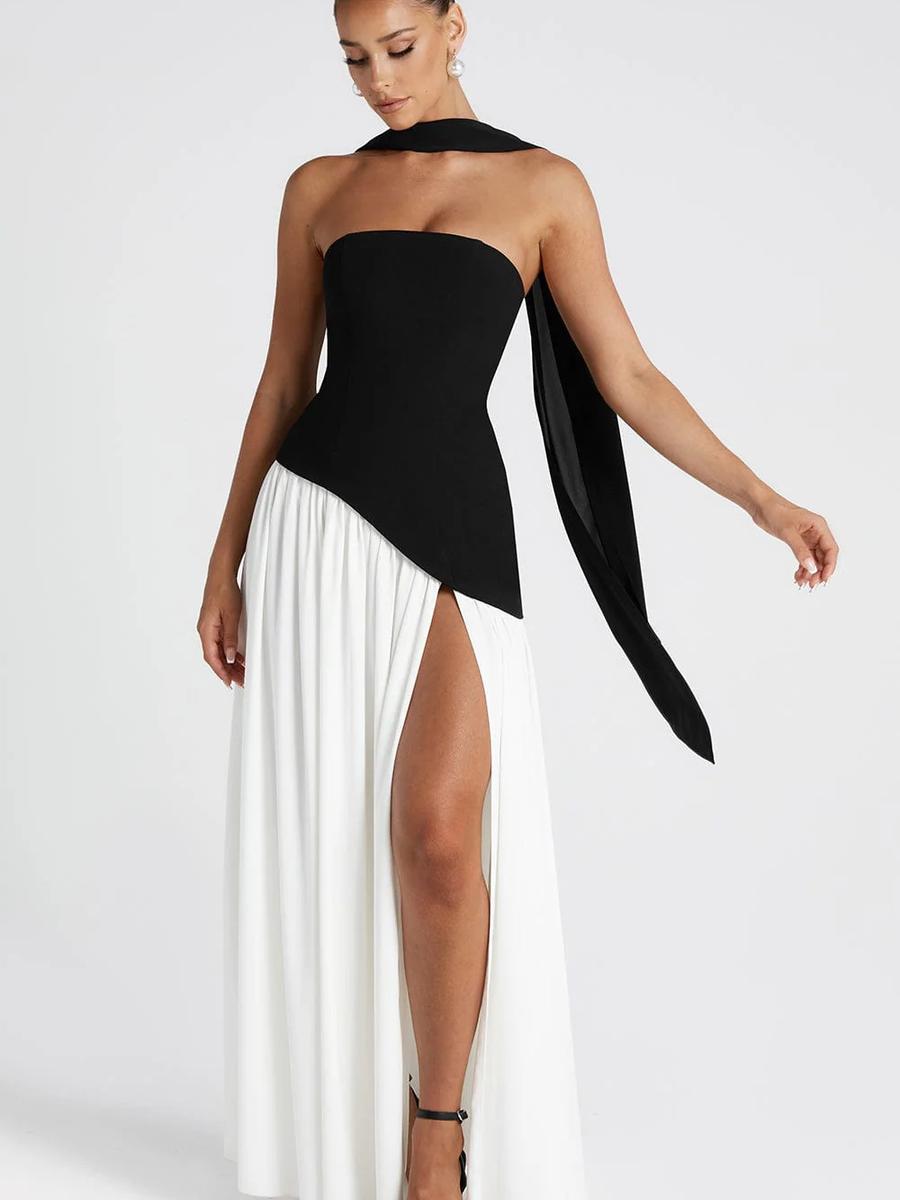 Women s Pure Color Open-Cut Dress Sexy Low Back High Slit Long Dress New Style S