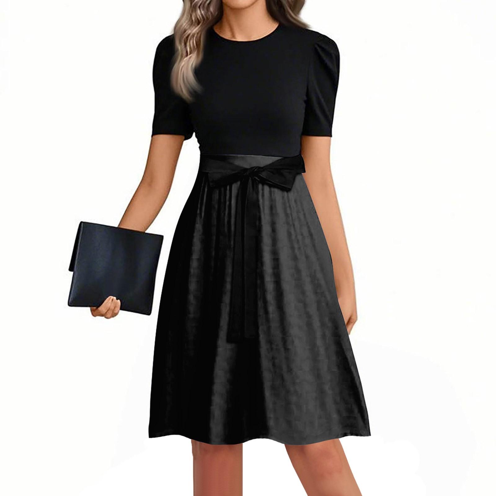 Women s Fashionable Casual Belt Short Sleeved Round Neck Color Patchwork Dress XL