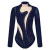 Women Long Sleeve Rhinestones Mesh Gymnastics Leotard Bodysuit Ice Skating Jumpsuit