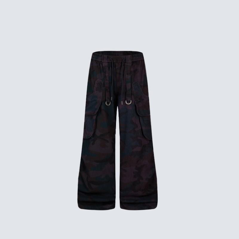 Dark Camo Cargo Pants Relaxed Fit Straight Leg Drawstring Trousers Multi-Pocket Casual Teens
