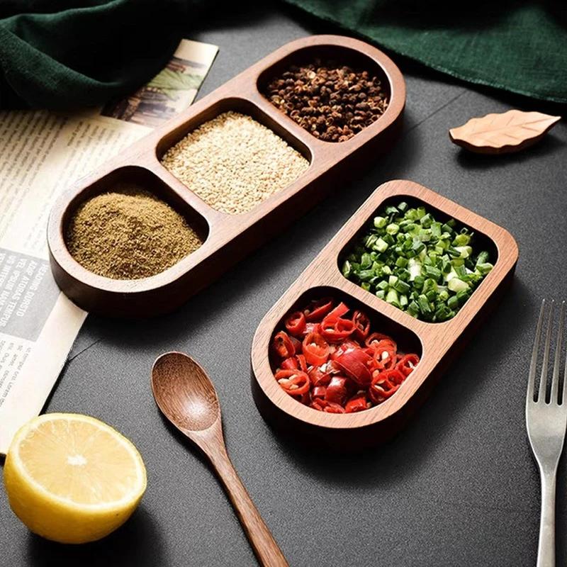2/3 Grid Wooden Seasoning Dish Rectangle Tray Condiment Plate Breakfast Food Sushi Bread Dessert Sauce Plate Kitchen Dinner Dish