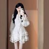 Elegant White Slimming Long-Sleeve Dress with Puffy Skirt for Women, Perfect for Spring and Autumn