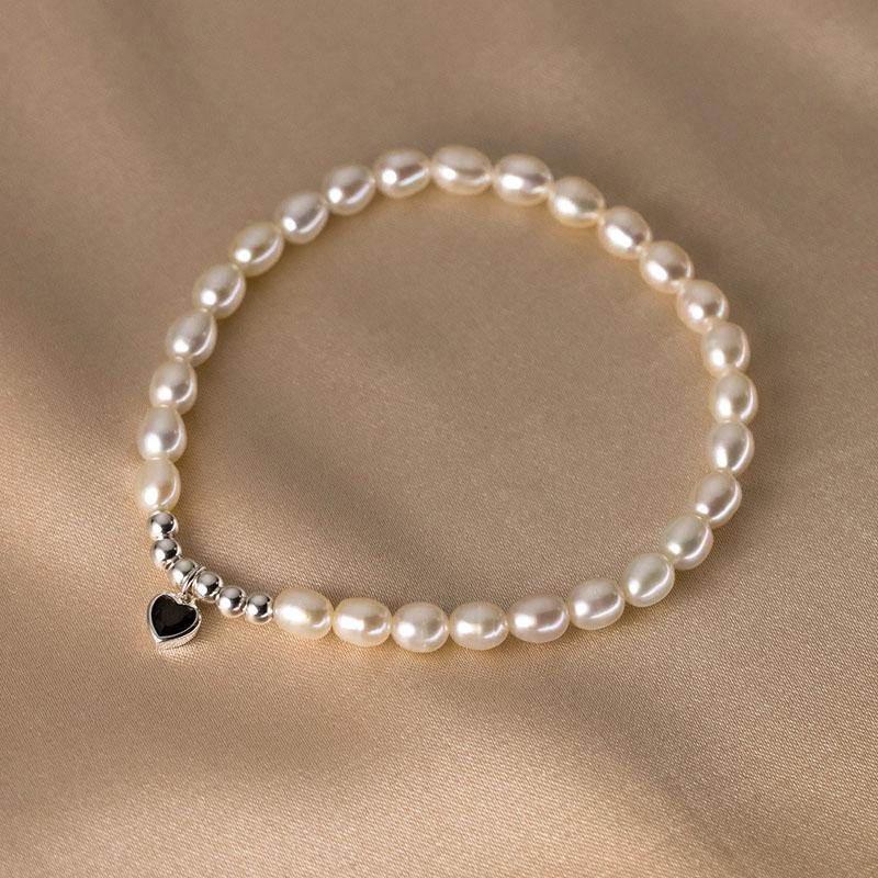 Handmade 925 Sterling Silver Freshwater Pearl Zircon Heart Shape Beaded Bracelet Women Fine Jewelry