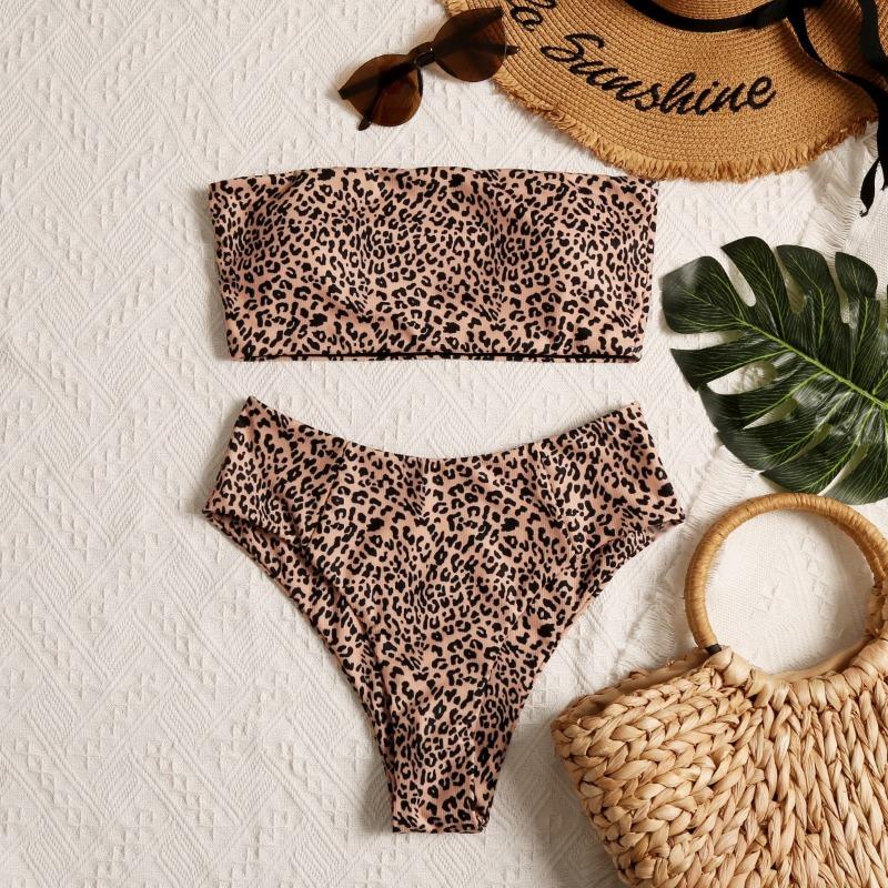 Bikini a Fascia Stampa Leopardo Gradiente Blu Costume da Bagno Due Pezzi a Coste Taglio Alto