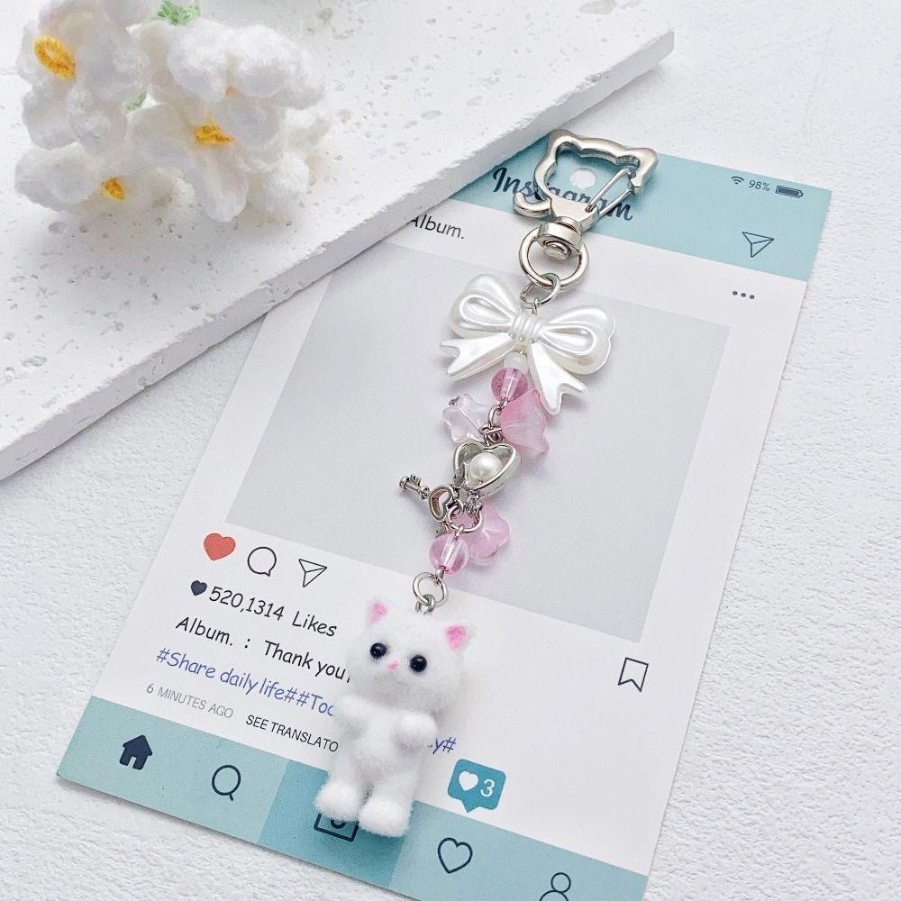 Bag Pendant Cat Bow Keychain Flocking Cat Y2k Bowknot Keyring Furry Kitten Keychain  Women Girls
