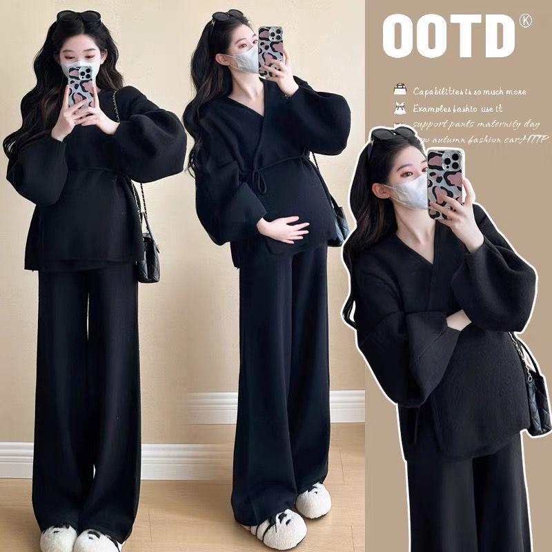 V-Neck Lantern Sleeve Tie-Up Knitted Two-Piece Set with Wide-Leg Pants - Women's Autumn/Winter Korean Style