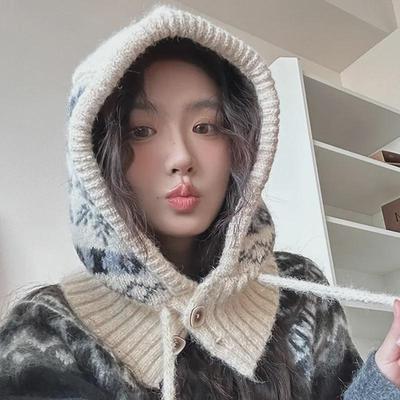 Koreansk dam snöflinga stickad balaklava med nackskydd