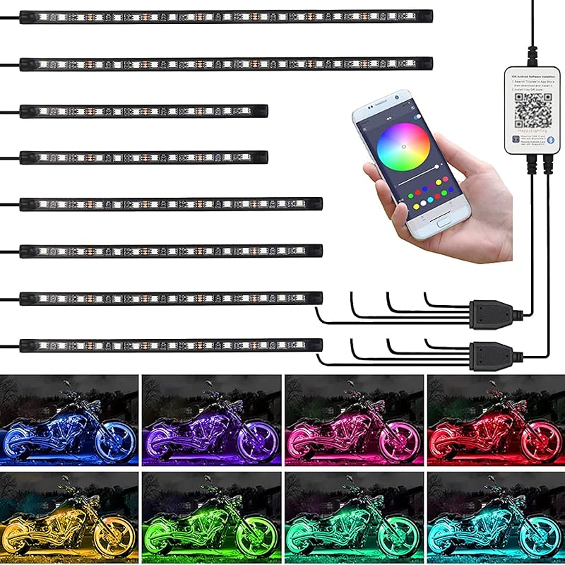 Kairiyard 8PCS Motorcycle Underglow LED Light Kit, App Control Multicolor Motorcycle LED Light Kit Music Sync RGB Strips Light Waterproof Compatible