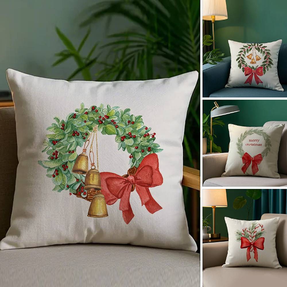 Merry Chrismas Red Bow Pillow Case Sofa Living Room Bedroom Double-sided Printing Square Cushion Nap Time Cushion Cover