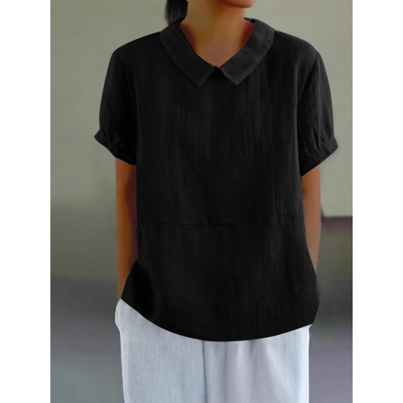 new products loose lapel shirt, women s short-sleeved top cotton and linen shirt S чёрный