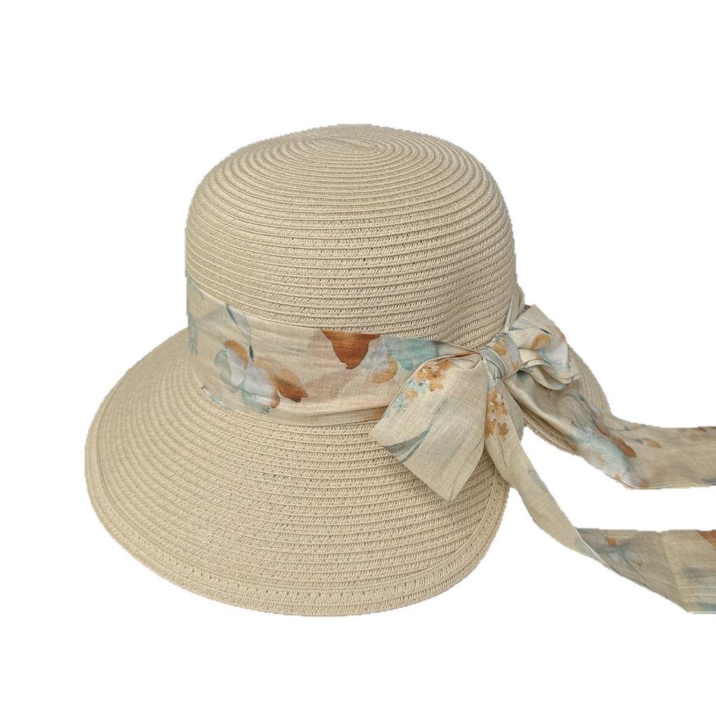 Summer straw hat women's high-end floral streamer seaside outing sun hat foldable UV-proof beach hat