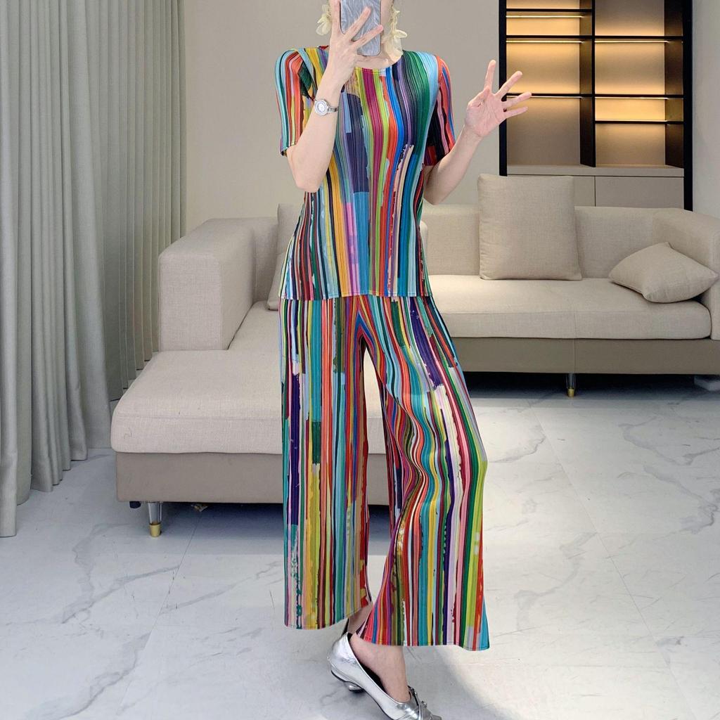 Rainbow Stripe Pleated Two-Piece Set: Round Neck Top & Loose Straight-Leg Pants for Women