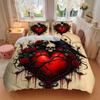 3pcs Gothic Heart with Ravens Skulls and Red Roses Printed Bedding Set, Soft and Comfortable Quilt Cover for Bedroom, Guest Room