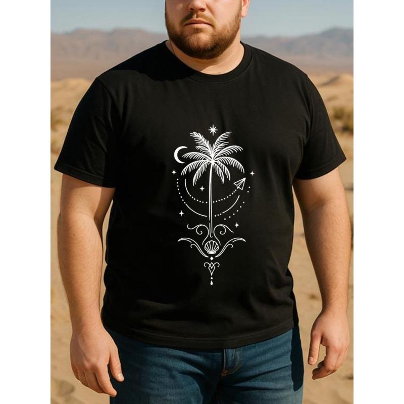 

European sizes Men S Tropical Palm Tree & Wave Print Short Sleeve T-Shirt - Relaxed Fit Casual Shirt with Print on, Medium-Stretch Fabric for Beach 4XL чорний