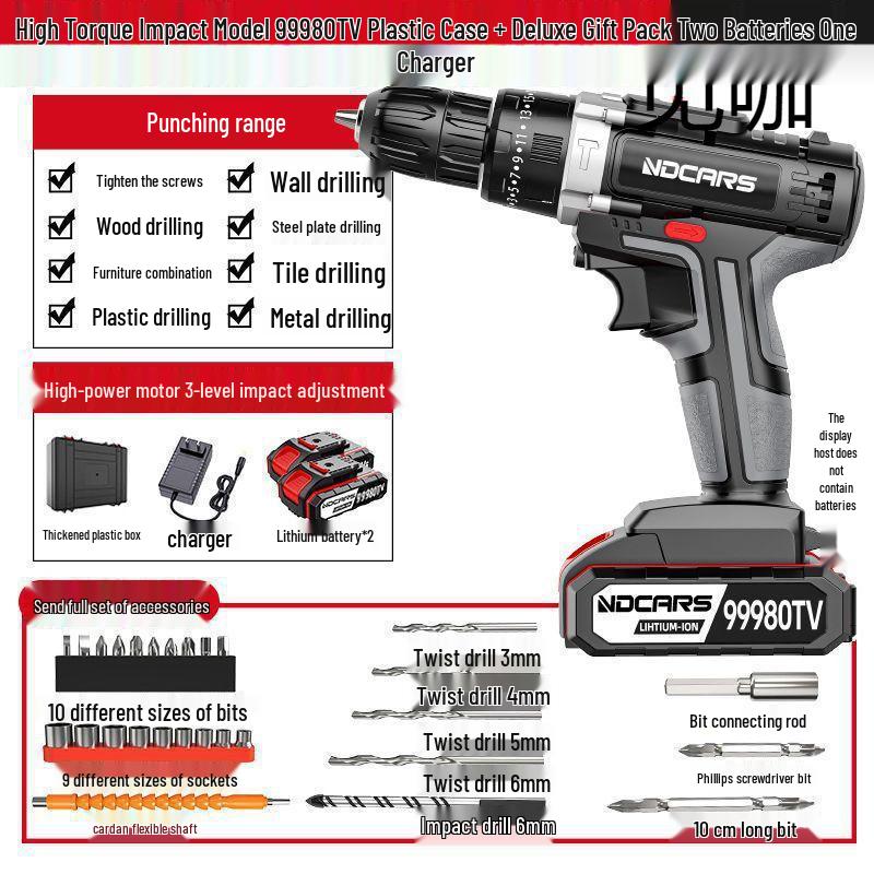 Dual Speed Industrial-Grade Cordless Impact Drill, Rechargeable Electric Screwdriver with Lithium Battery for Household and Multifunctional Use