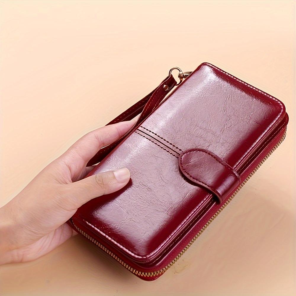 Stylish Red Synthetic Leather Long Wallet - Large Capacity, Multiple Cards, Zipper Closure, Polyester Lining - Perfect for Everyday Use