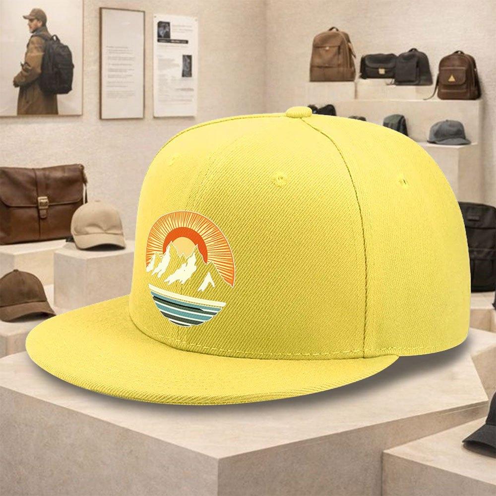 Mountain Sunset Graphic Polyester Baseball Cap Unisex Outdoor Adventure Flat Brim Snapback Hat