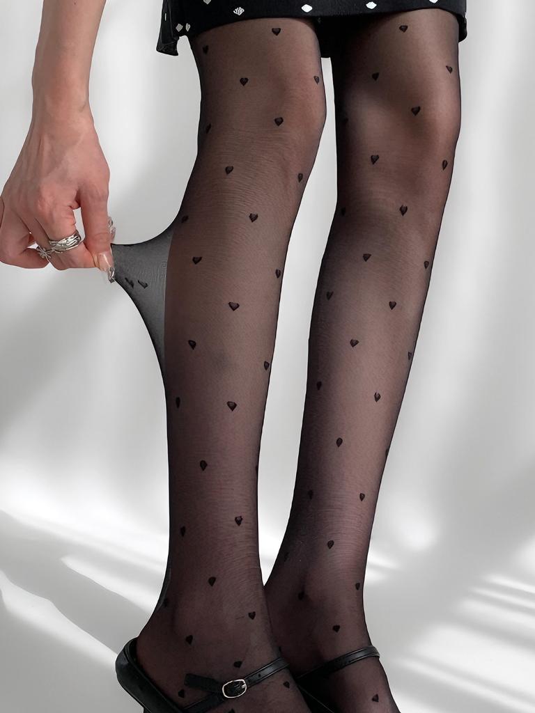 1 Pc Women'S Black Ultra-Thin Sheer Pantyhose, Heart Jacquard Snag-Resistant, Sexy High-Waisted Non-Slip Hosiery For Party