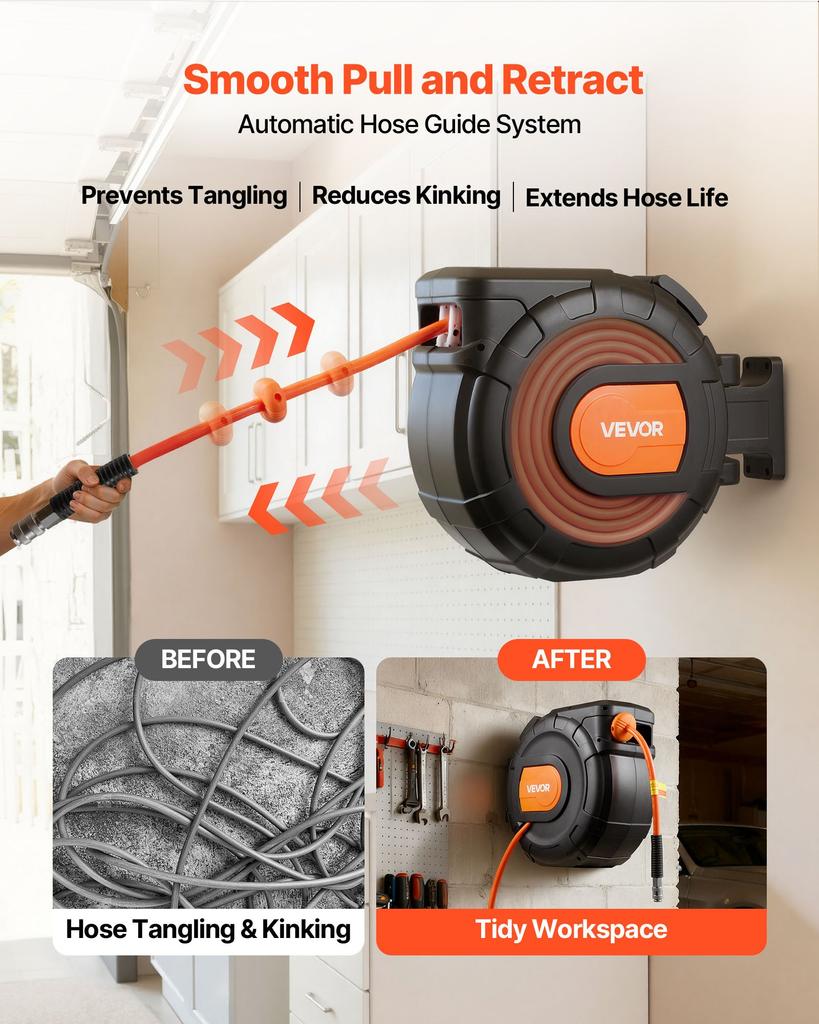 VEVOR Retractable Air Hose Reel, 30m x 9.5mm PVC Air Hose Max 300PSI, Enclosed Air-Compressor Hoses Reel Auto Rewind with 2m Lead in