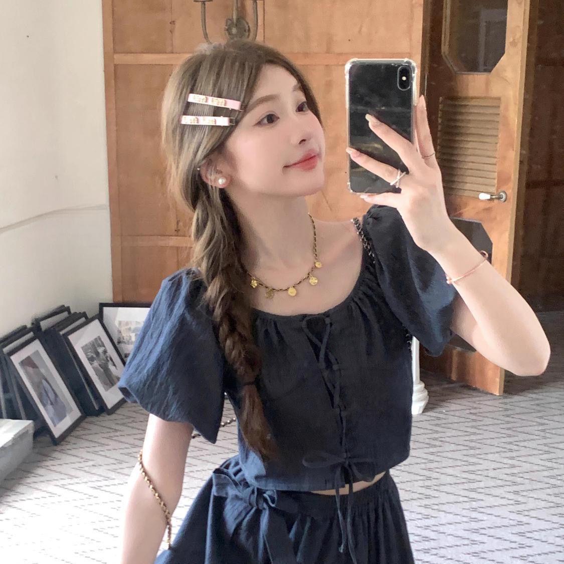 

Blue Island Love Lace-up Top & Bowknot Skirt Set (Summer 2026) for Trendy Students 2XL [Recommended weight: 140-150 lbs]