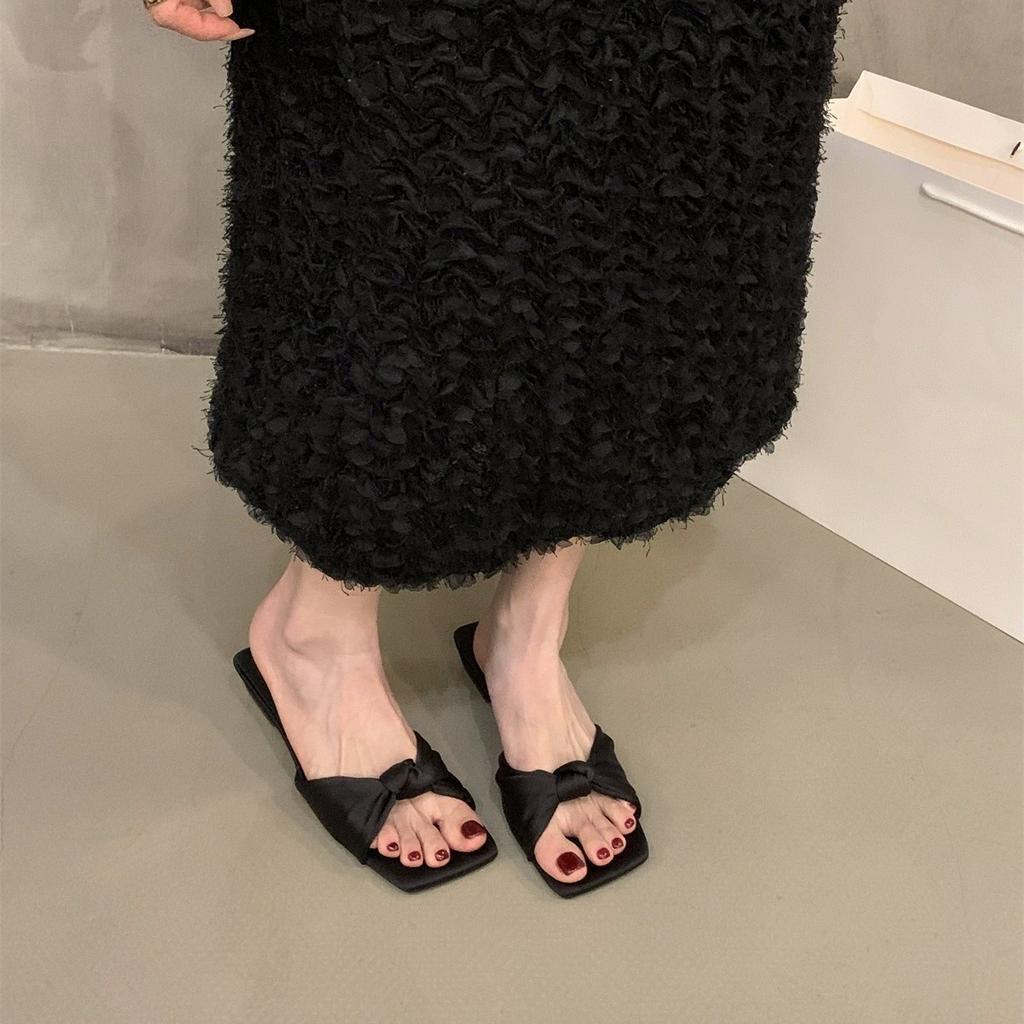 Thick heel gentle bow French small cool slippers fairy shoes wear 2025 new summer with skirt sandals