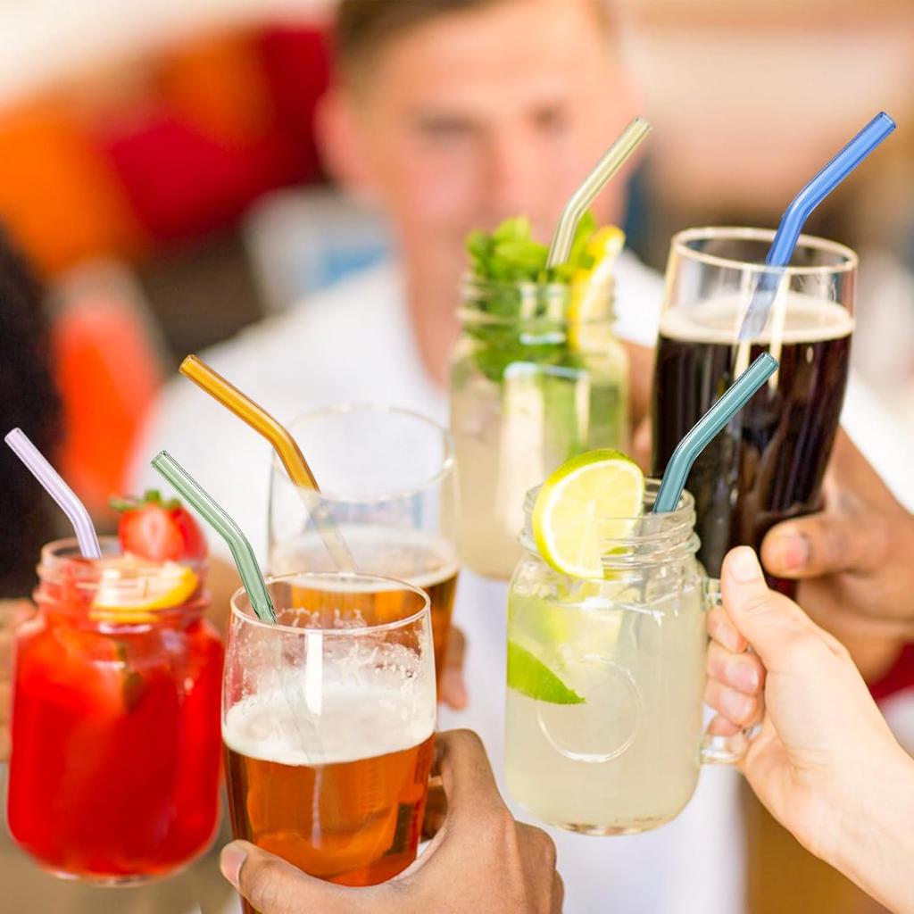 10 Pcs Reble Bent Glass Drinking Straws,9''x10 Mm Colorful Glass Straws for Beverages, Shakes, Milk Tea, Juices,Set of 10 Bent with 2 Cleaning