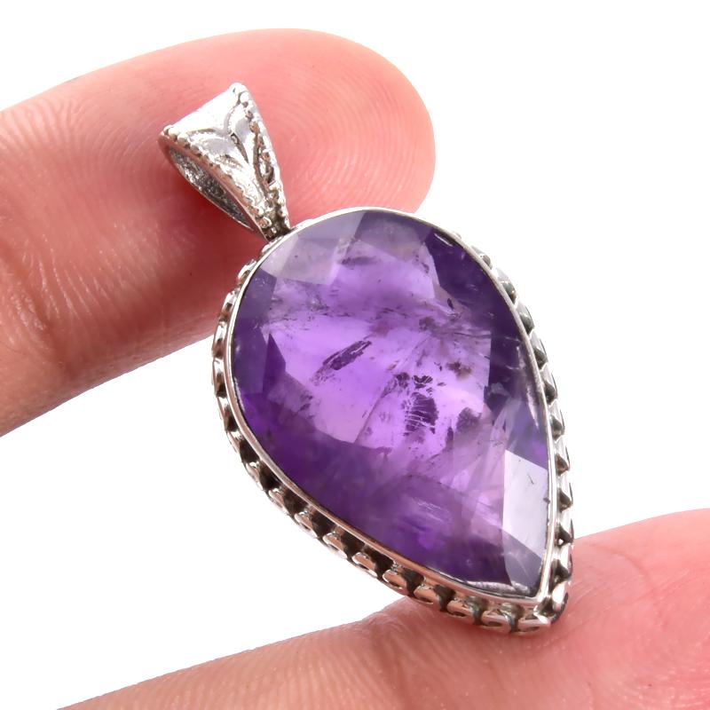 Pingente de prata esterlina sólida 925 com pedra preciosa natural ametista africana 1,2'' U5h86