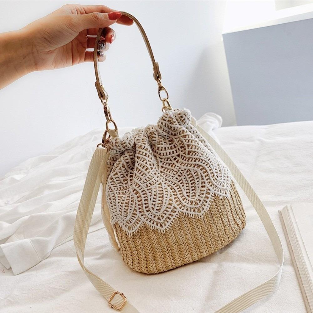 Casual Lace Straw Shoulder Bag Bohemian Hollow Weave Tote Bag Large Capacity Flower Beach Handbag Picnic