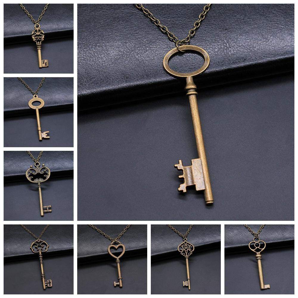 2 Colors Antique Silver Color Antique Bronze Color Vintage Key Pendant Necklace For Women Long Chain Metal Chain Necklace