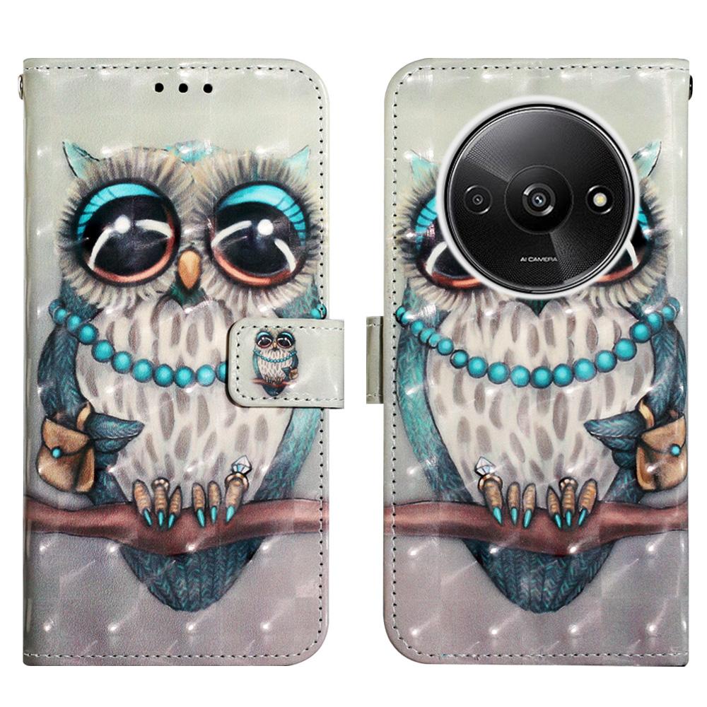 Pro Xiaomi Redmi A3 4G/Poco C61 4G Kožené pouzdro 3D Vzorová potisk Peněženka Stojánek Mobilní kryt s popruhem