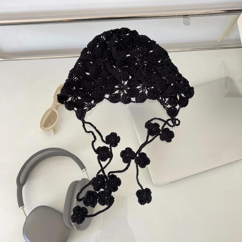 2025 New Thin Hollow Handmade Crochet Knitted Hats for Women Spring and Summer Travel Versatile Concave Strap Beanies Caps
