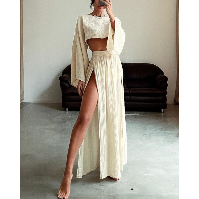 2024 Chic Linen Blend Cropped Top & High Waist Slit Two-Piece Suit