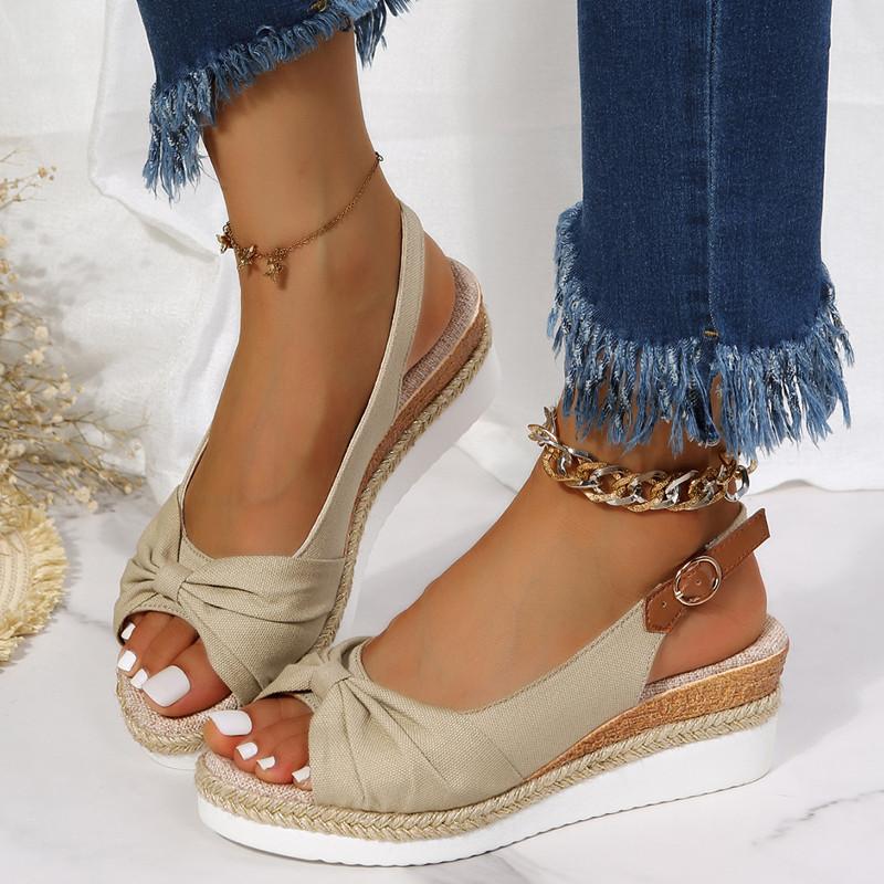 Spring and Summer Footwear Wedge Sandals Fishmouth High Heels Buckle with Straw Sandals Plus Size Women's Shoes.