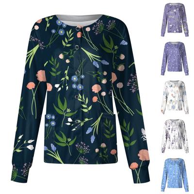 Women Long Sleeve Print Pattern Pocket Working Stand-up Collar Single-breasted Protective Overalls Cardigan Jacket Top