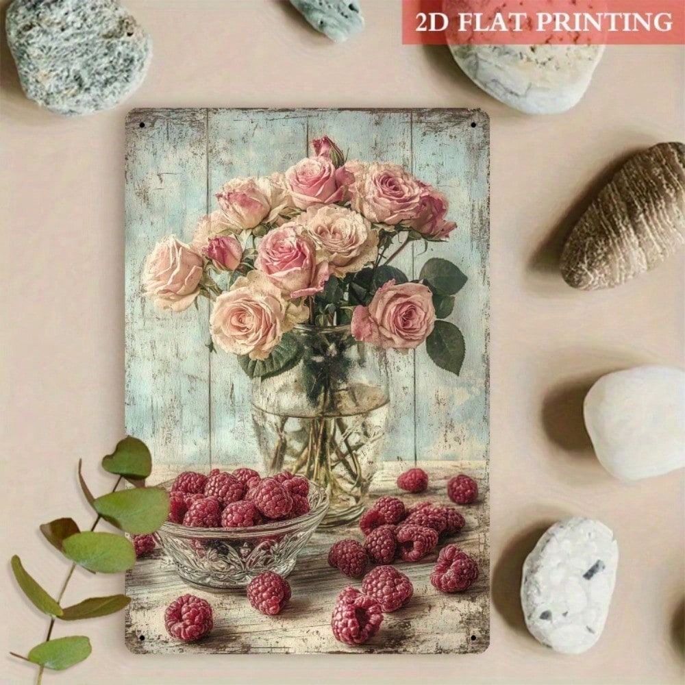

Metal Poster One Piece Romantic Roses Raspberries 3D Visual Effect Wall Art Living Room