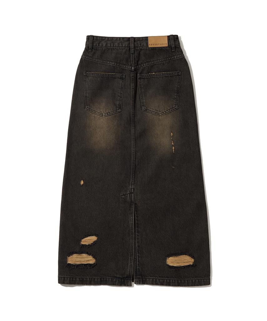 1993 Studio Damaged Washed Denim Long Skirt_Black