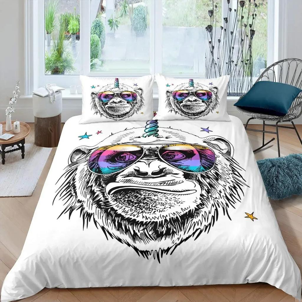 Orangutan Duvet Cover King Queen Size Cute Monkey Bedding Set Palm Leaves Tropical Botanical Polyester Comforter Cover for Adult