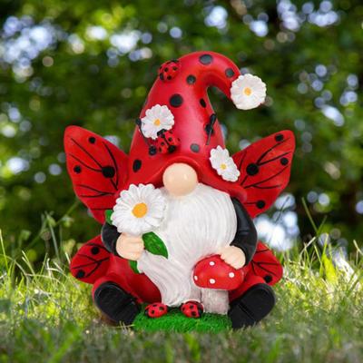 Gnomo Coccinella Statuetta Fiore Nano Alato Elfo Resina Statua Scultura Interno Esterno Giardino Casa Ufficio Scrivania Decorazione Ornamento