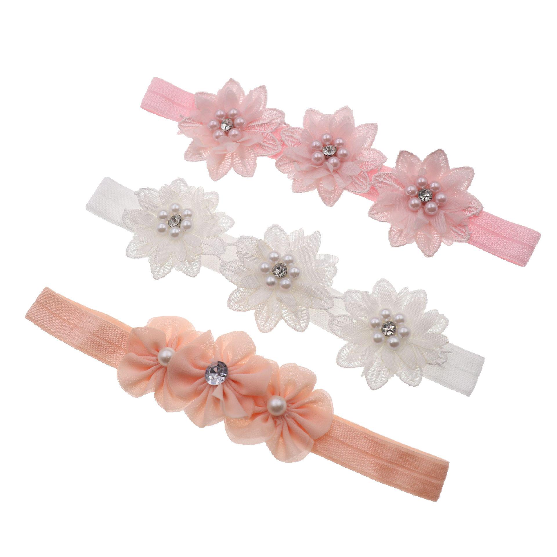 

Chiffon Flower Baby Headband with Elastic and Pearls Three White Flowers