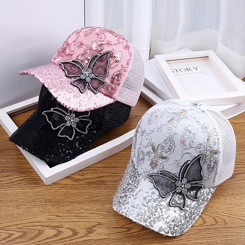 Women's Duckbill Baseball Cap with Large Butterfly Sequin Decoration - Breathable Hat Suitable for Spring, Summer, Autumn