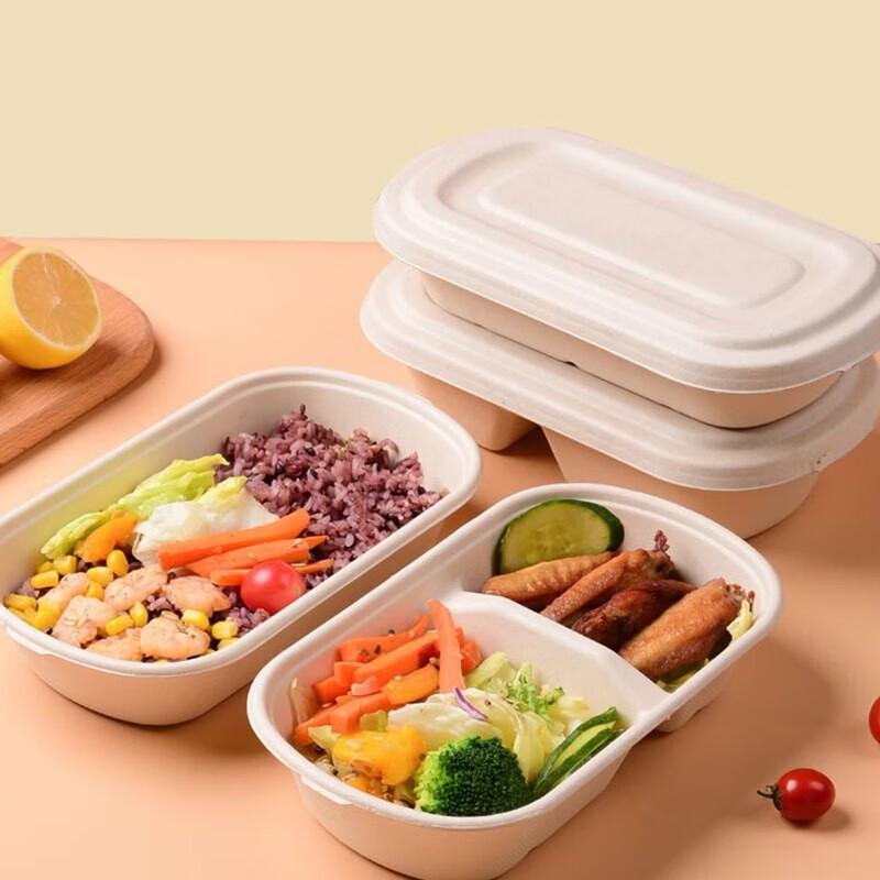 Deshangyuan 700ml Sugarcane Pulp Disposable Meal Boxes with Lids, 50-Pack