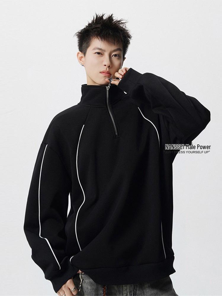 Men's 2025 Spring/Autumn Striped Color Block Half-Zip High-Neck Hoodie - Trendy Loose Heavyweight Top