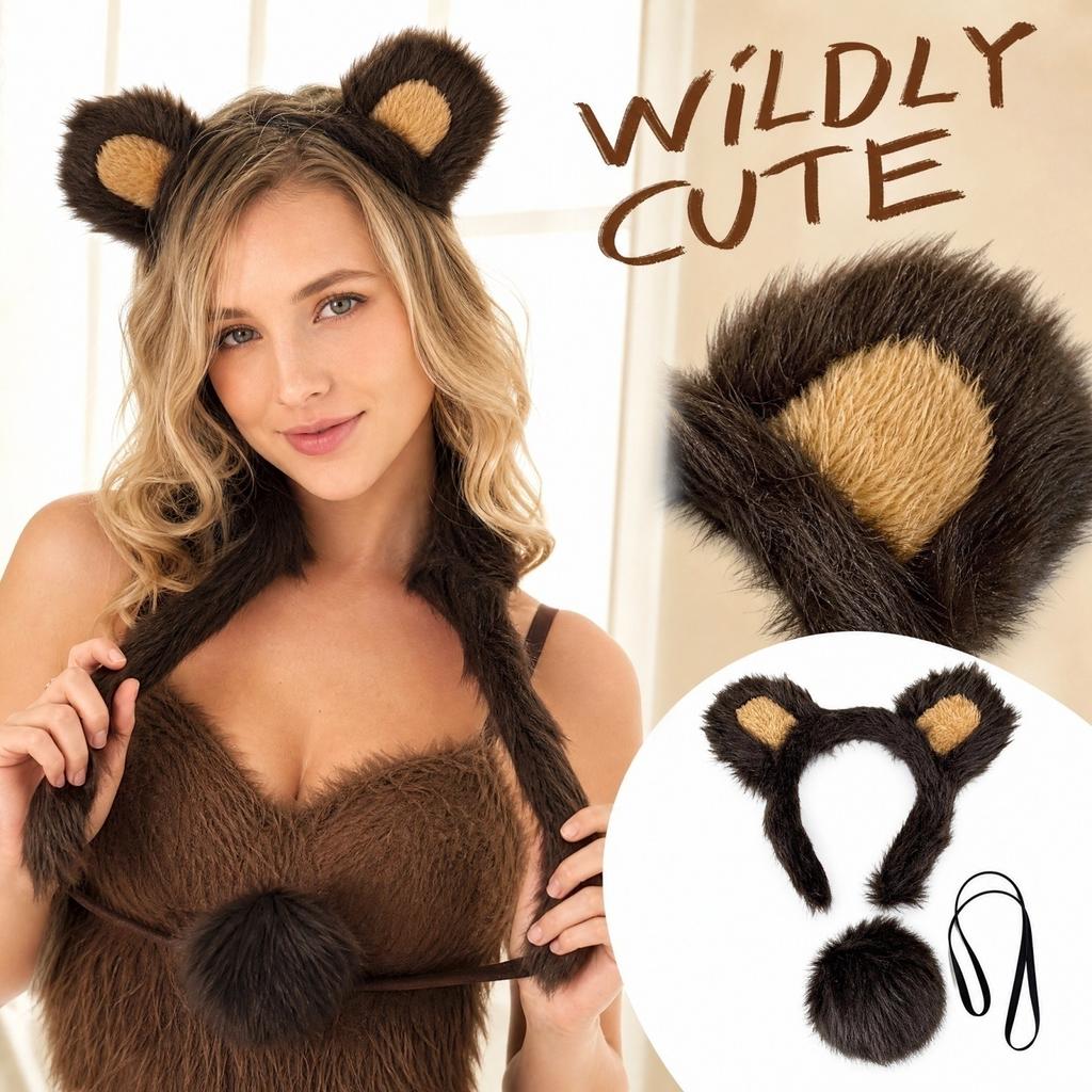 Furry Brown Bear Ears Headband Set for Costume Party Theme Events